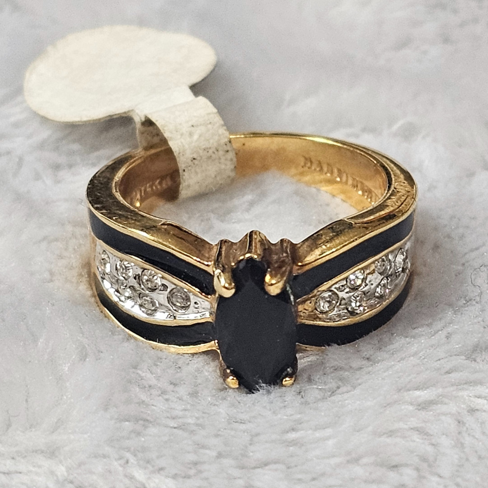 Lindenwold Ring 14k HGE Gold Plated Rhinestone Black Glass & Enamel Size 7.5